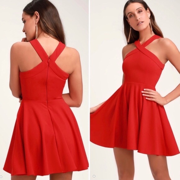 NWOT LULU’S The Way You Look Tonight Red Halter Skater Dress S - Picture 3 of 5
